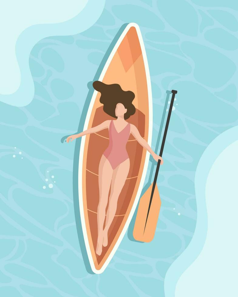 en kvinna med en paddla lögner på en kajak på de hav. de begrepp av aktiva rekreation. illustration, affisch, vektor