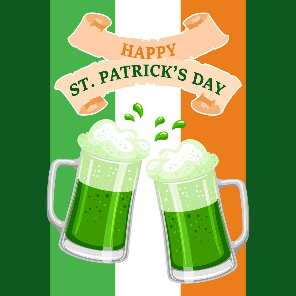 st. Patricks dag, muggar med öl, kransar med flaggor och Grattis text. vykort, baner, vektor