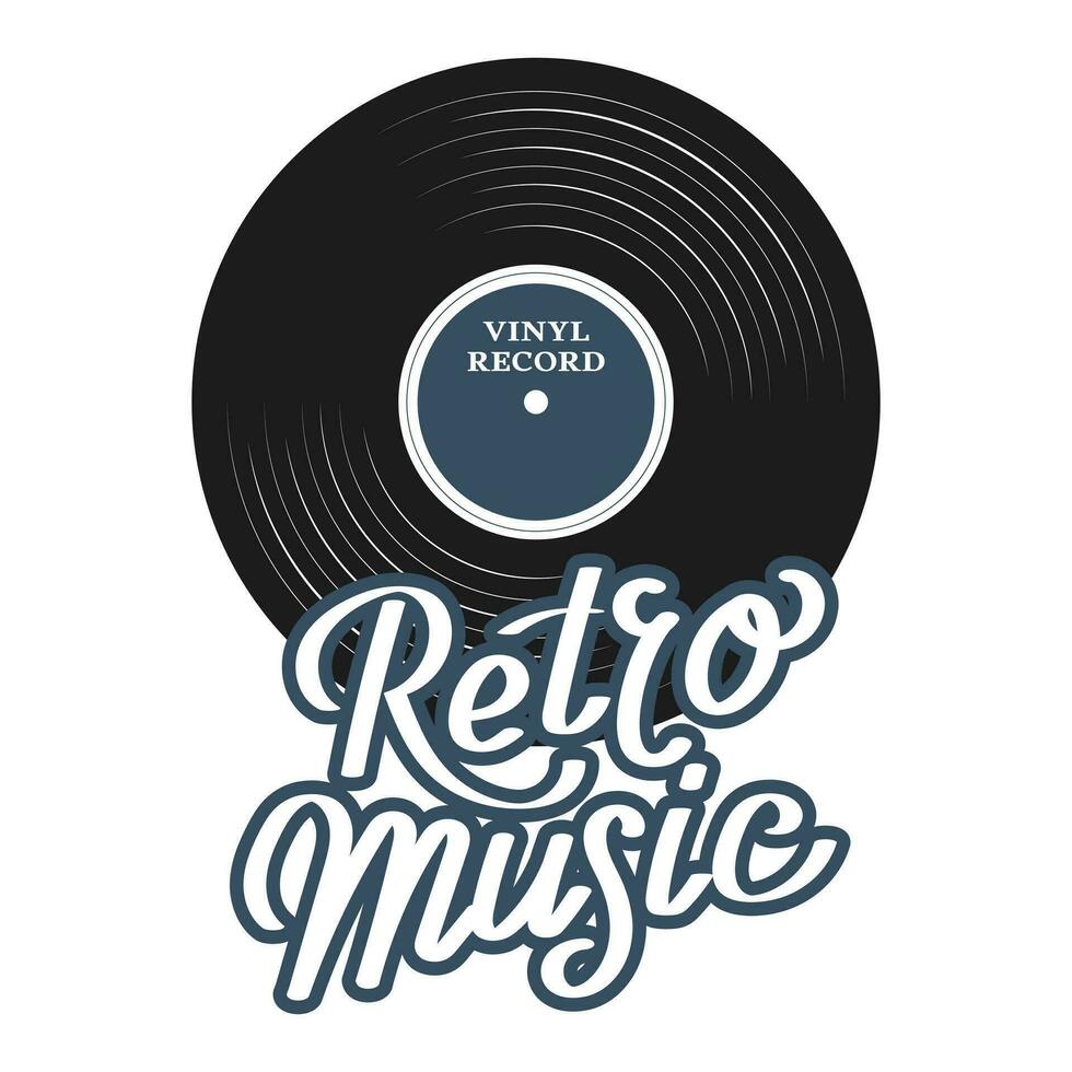 vinyl spela in och text retro musik på en vit bakgrund. musik retro ikon, årgång logotyp, vektor