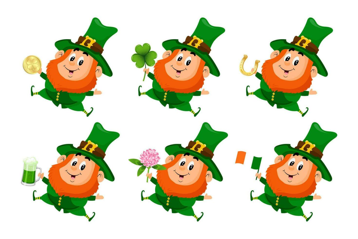 st. Patrick's Tag icons.set von süß Kobolde mit Kleeblatt Blatt, golden Münze, Bier Becher, Irland Flagge, golden Hufeisen. Symbole, Postkarte, Vektor