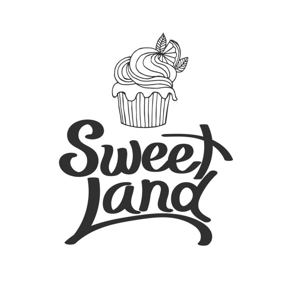 Süss Land Beschriftung und Hand gezeichnet Cupcake. Gruß Karte, Logo zum Cafe, drucken. Illustration, Vektor