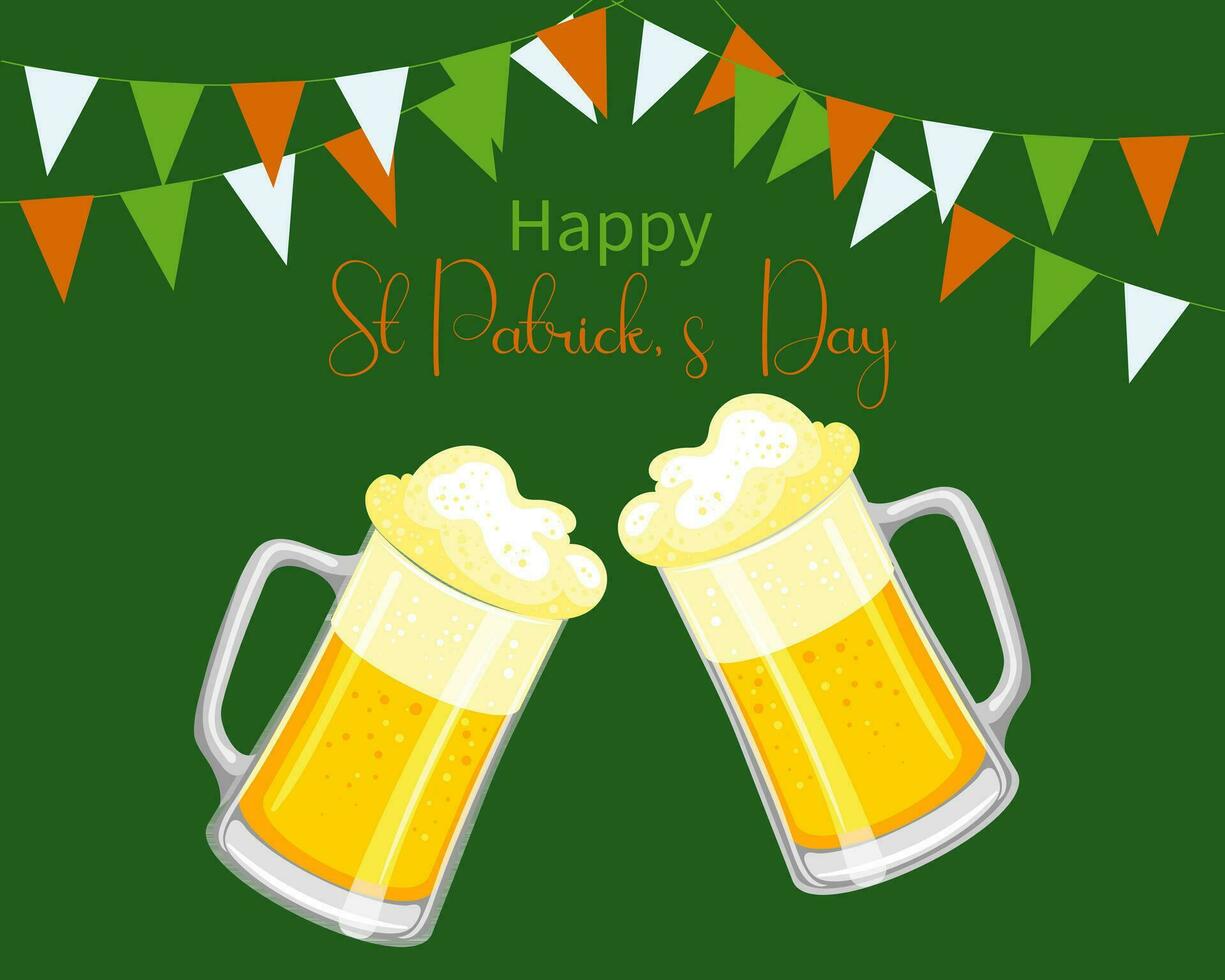 st. patrick's day, becher mit bier, girlanden mit fahnen und glückwunschtext. postkarte, banner, vektor
