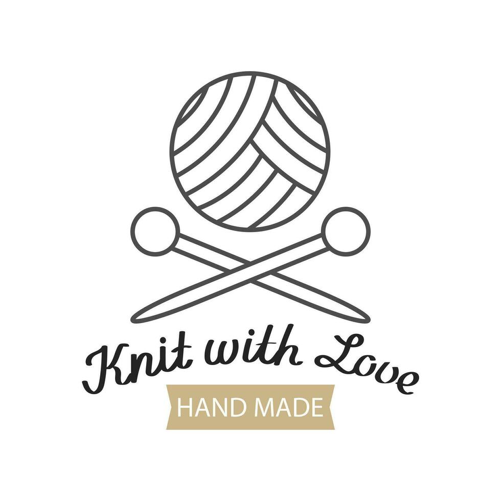 stricken mit Liebe Beschriftung und Stricken Nadeln mit ein gestrickt Stoff. Hobby Symbol, Logo, Vektor