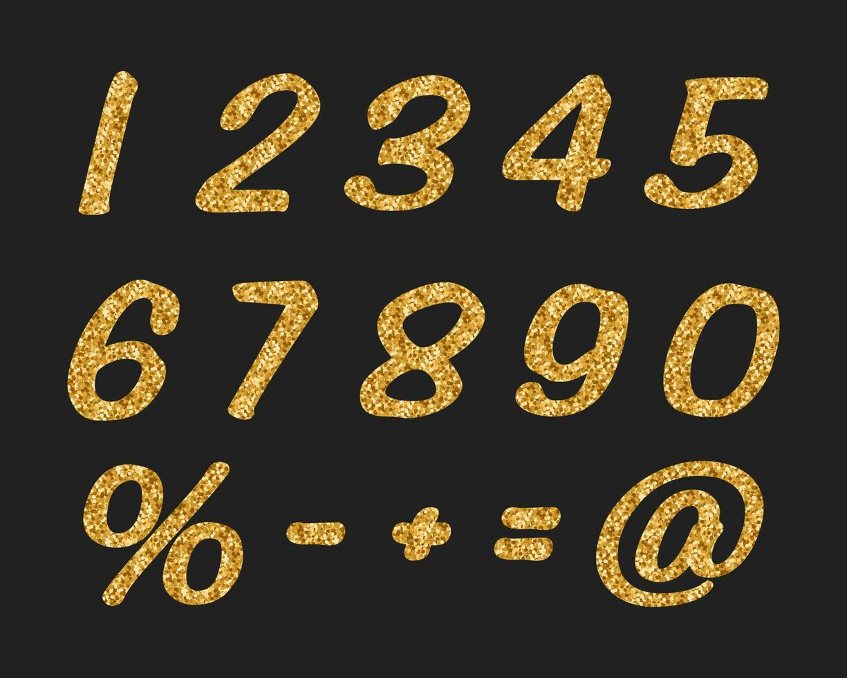 en uppsättning av tal från 0 till 9 och matematisk tecken, guld glitter. text, kalligrafi. design element, skriva ut, vektor