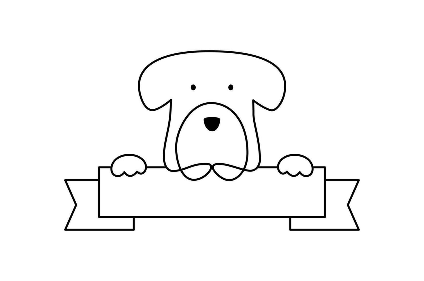 Hund Logo Geschäft halten ein Weiß leer Planke, Karte oder Banner. Hand gezeichnet Monoline Vektor Illustration mit Platz zum Text. Kinder Buch, Geburtstag oder Gruß Karte