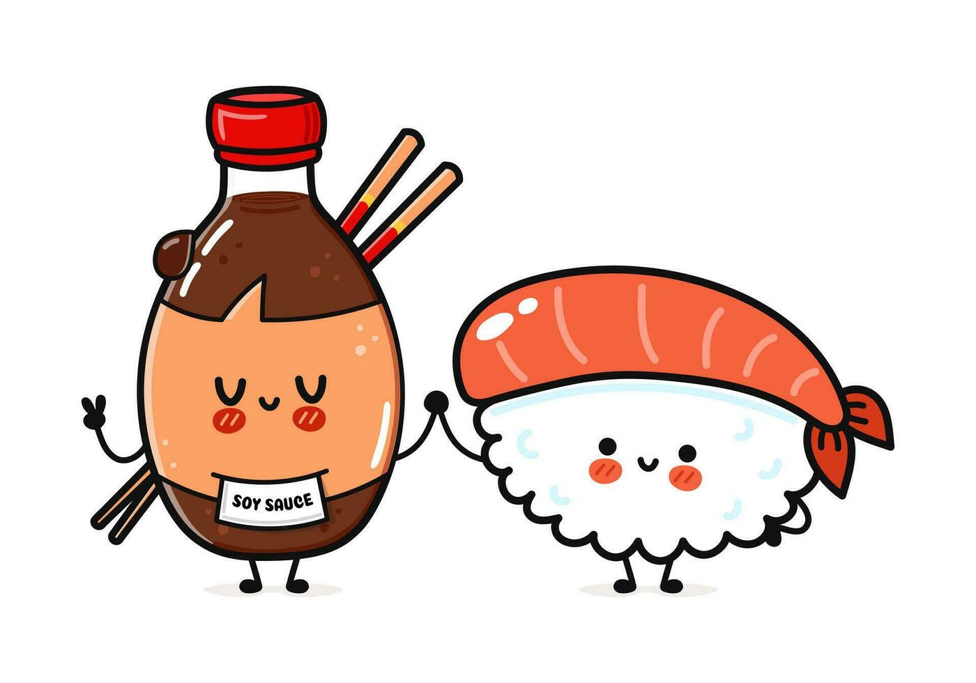 Sushi und Soja Soße Charakter. Vektor Hand gezeichnet Karikatur kawaii Figuren, Illustration Symbol. komisch Karikatur glücklich Sushi und Soja Soße freunde