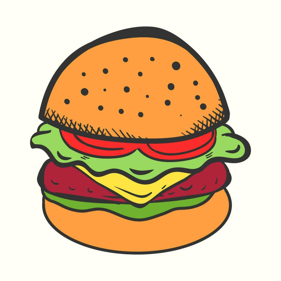 handgemalt Burger Illustration mit Tomate Käse Fleisch und Salat im Gekritzel Stil vektor