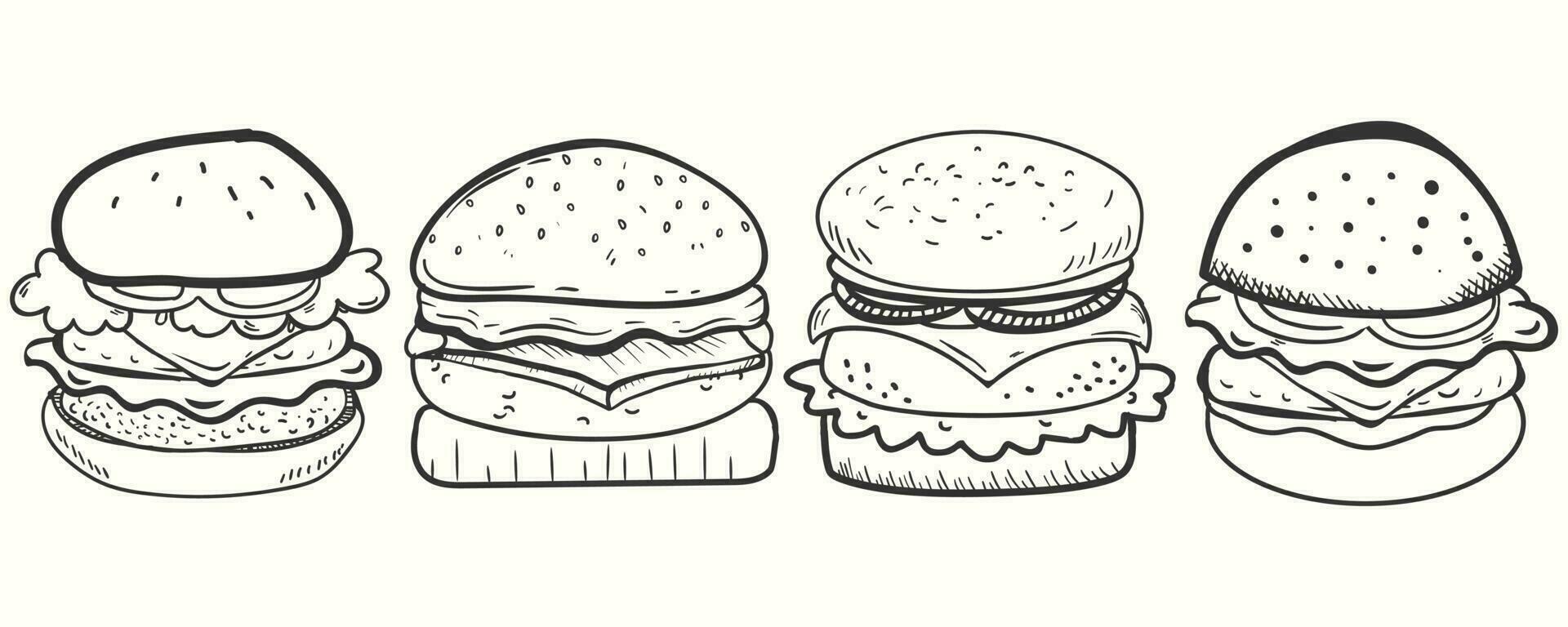 süß handgemalt Burger im Gekritzel Stil. Burger Illustration einstellen vektor