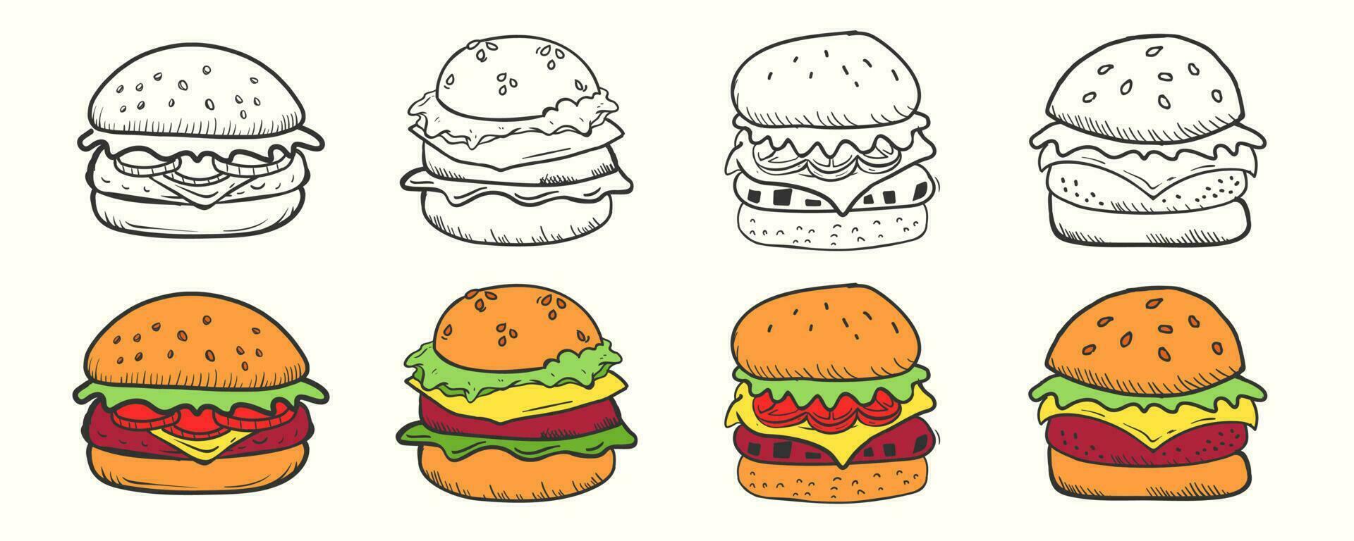 Hand gezeichnet Karikatur gestylt Burger Vektor Illustration einstellen
