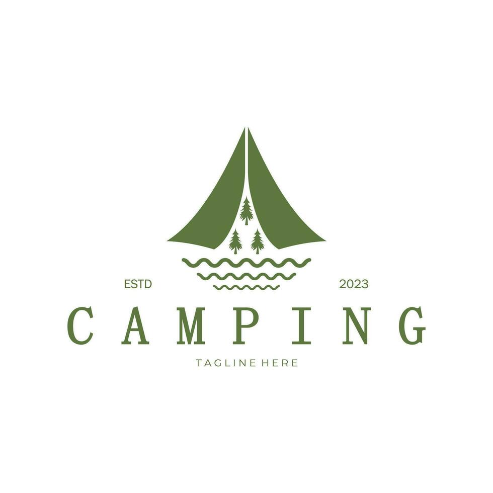 Jahrgang und retro Zelt Logo, Camping. mit Zelt, Baum und Lagerfeuer unterzeichnen. Abenteurer, Pfadfinder, Kletterer, Camping Ausrüstung Center vektor