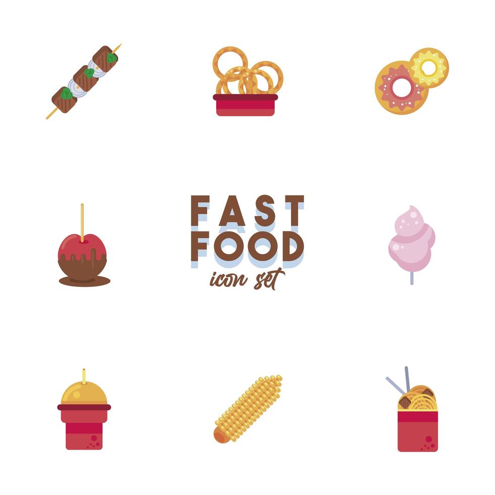 Bündel von acht Straßen-Fast-Food-Symbolen und Schriftzügen vektor