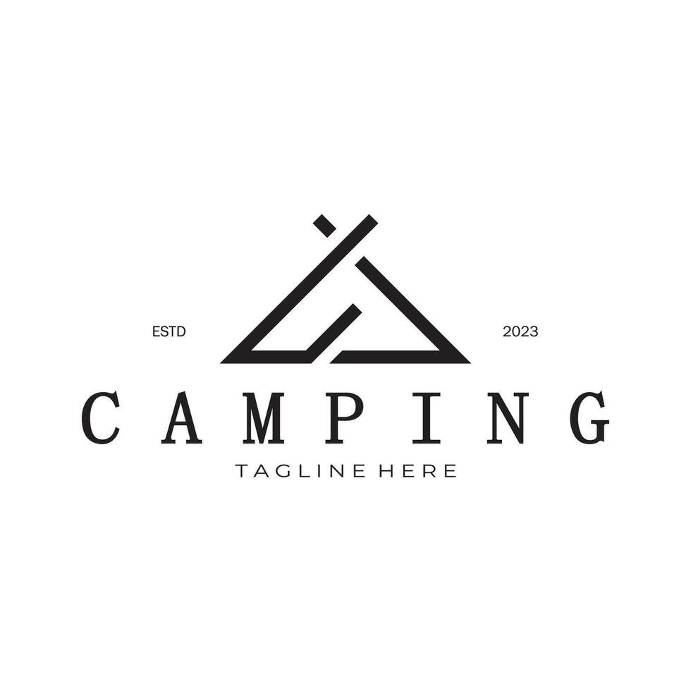 årgång och retro tält logotyp, camping. med tält, träd och bål tecken. äventyrare, scouter, klättrare, camping Utrustning Centrum vektor