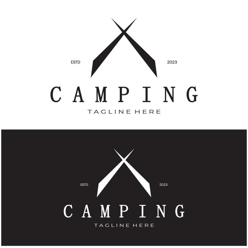 årgång och retro tält logotyp, camping. med tält, träd och bål tecken. äventyrare, scouter, klättrare, camping Utrustning Centrum vektor