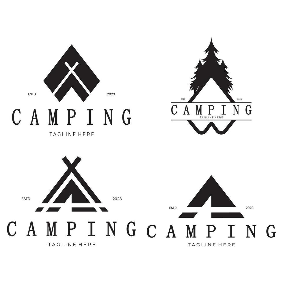 Jahrgang und retro Zelt Logo, Camping. mit Zelt, Baum und Lagerfeuer unterzeichnen. Abenteurer, Pfadfinder, Kletterer, Camping Ausrüstung Center vektor