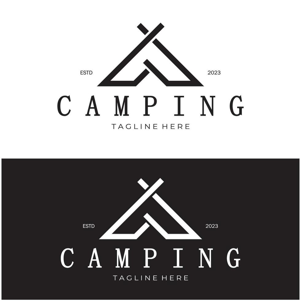 Jahrgang und retro Zelt Logo, Camping. mit Zelt, Baum und Lagerfeuer unterzeichnen. Abenteurer, Pfadfinder, Kletterer, Camping Ausrüstung Center vektor