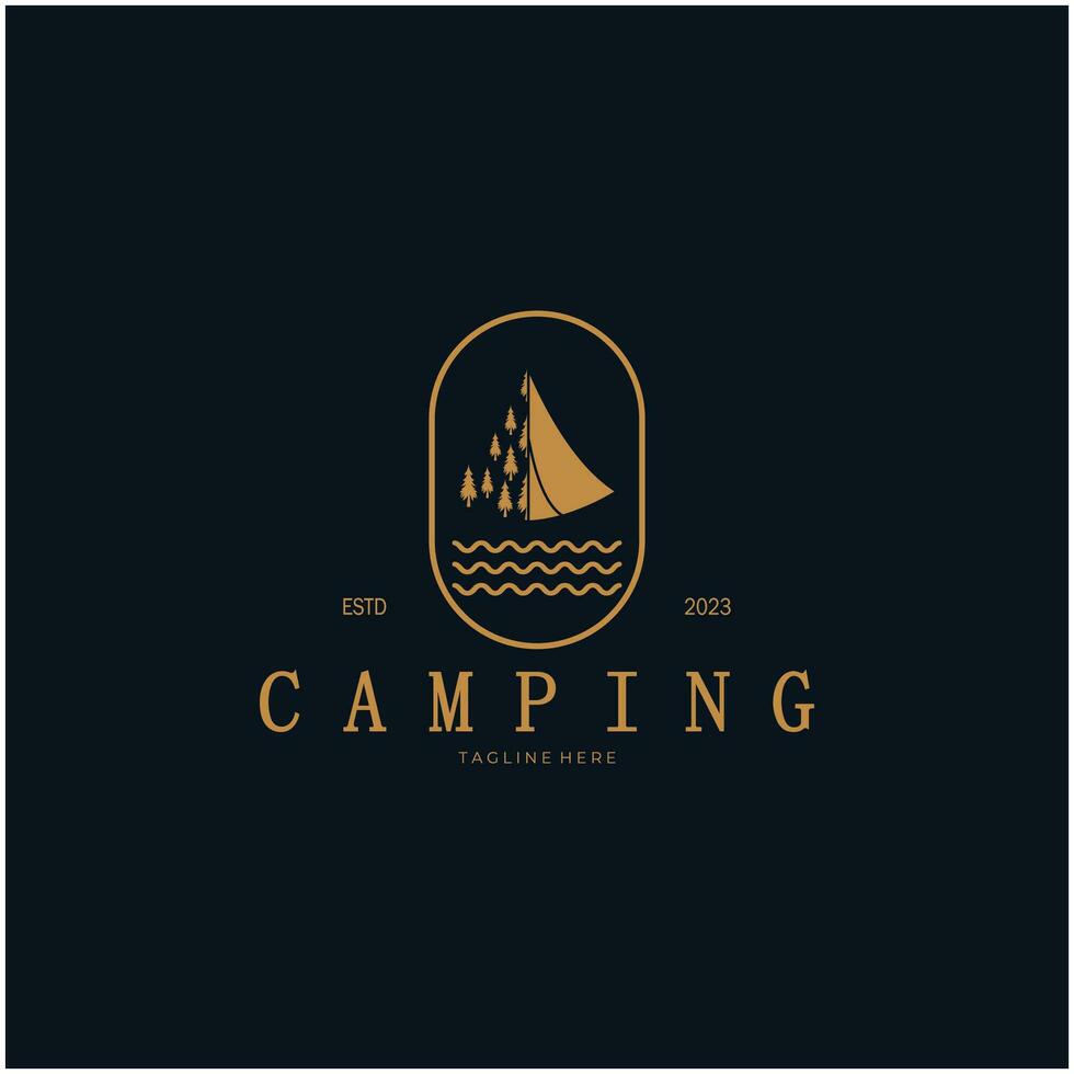 årgång och retro tält logotyp, camping. med tält, träd och bål tecken. äventyrare, scouter, klättrare, camping Utrustning Centrum vektor