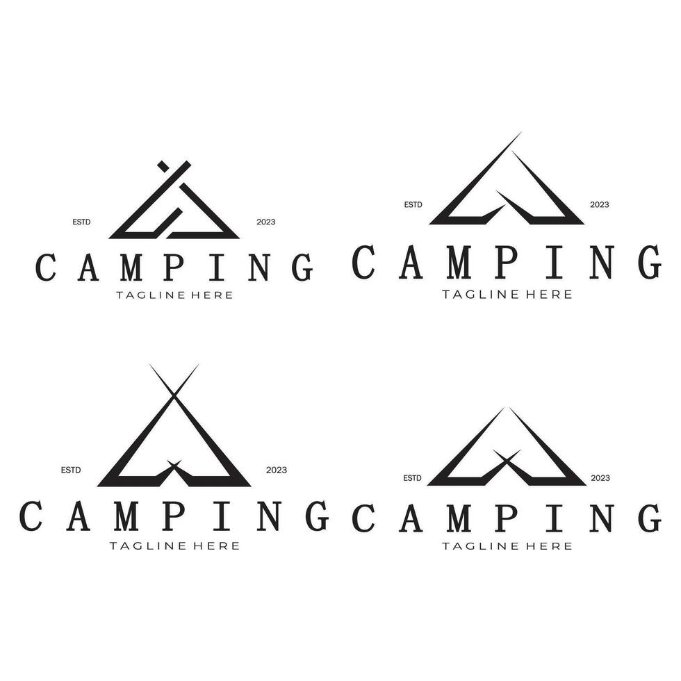 Jahrgang und retro Zelt Logo, Camping. mit Zelt, Baum und Lagerfeuer unterzeichnen. Abenteurer, Pfadfinder, Kletterer, Camping Ausrüstung Center vektor