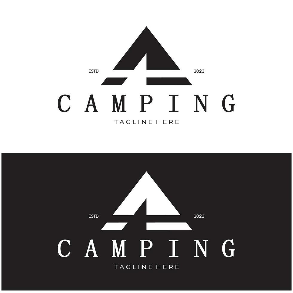 årgång och retro tält logotyp, camping. med tält, träd och bål tecken. äventyrare, scouter, klättrare, camping Utrustning Centrum vektor