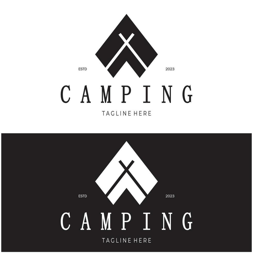 årgång och retro tält logotyp, camping. med tält, träd och bål tecken. äventyrare, scouter, klättrare, camping Utrustning Centrum vektor