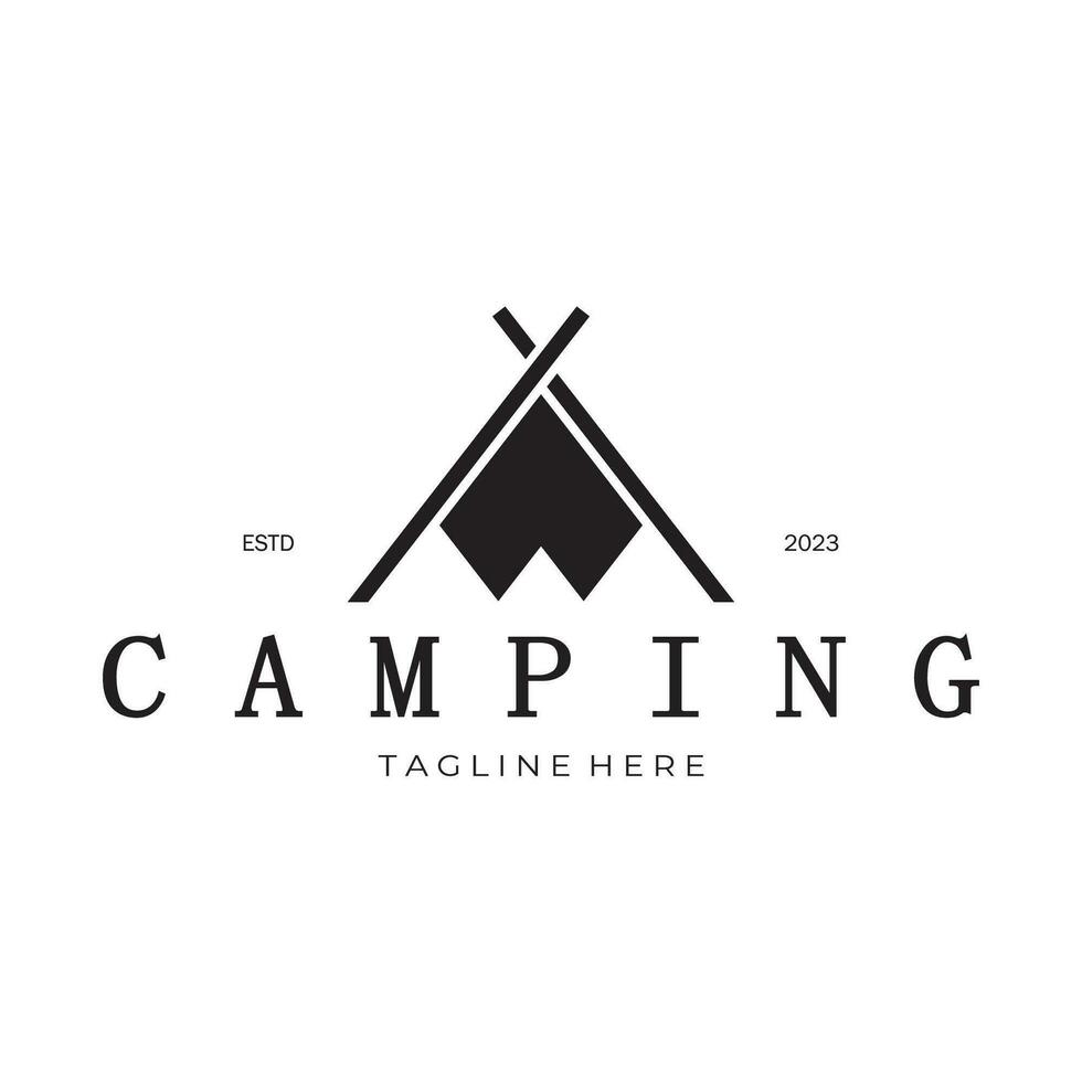 Jahrgang und retro Zelt Logo, Camping. mit Zelt, Baum und Lagerfeuer unterzeichnen. Abenteurer, Pfadfinder, Kletterer, Camping Ausrüstung Center vektor