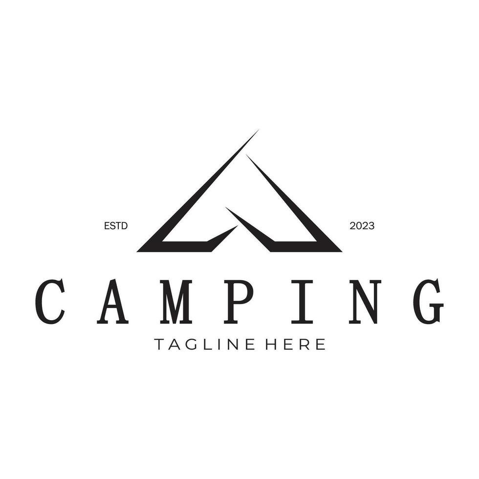 årgång och retro tält logotyp, camping. med tält, träd och bål tecken. äventyrare, scouter, klättrare, camping Utrustning Centrum vektor