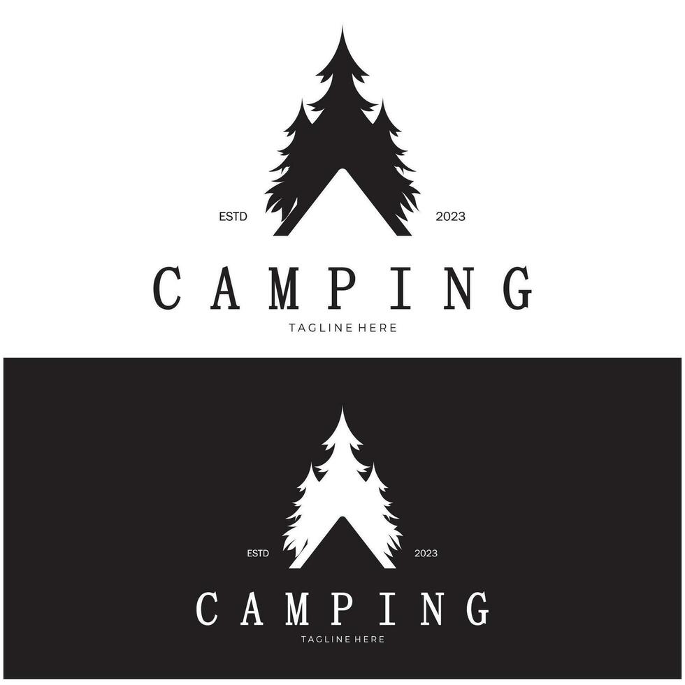 Jahrgang und retro Zelt Logo, Camping. mit Zelt, Baum und Lagerfeuer unterzeichnen. Abenteurer, Pfadfinder, Kletterer, Camping Ausrüstung Center vektor