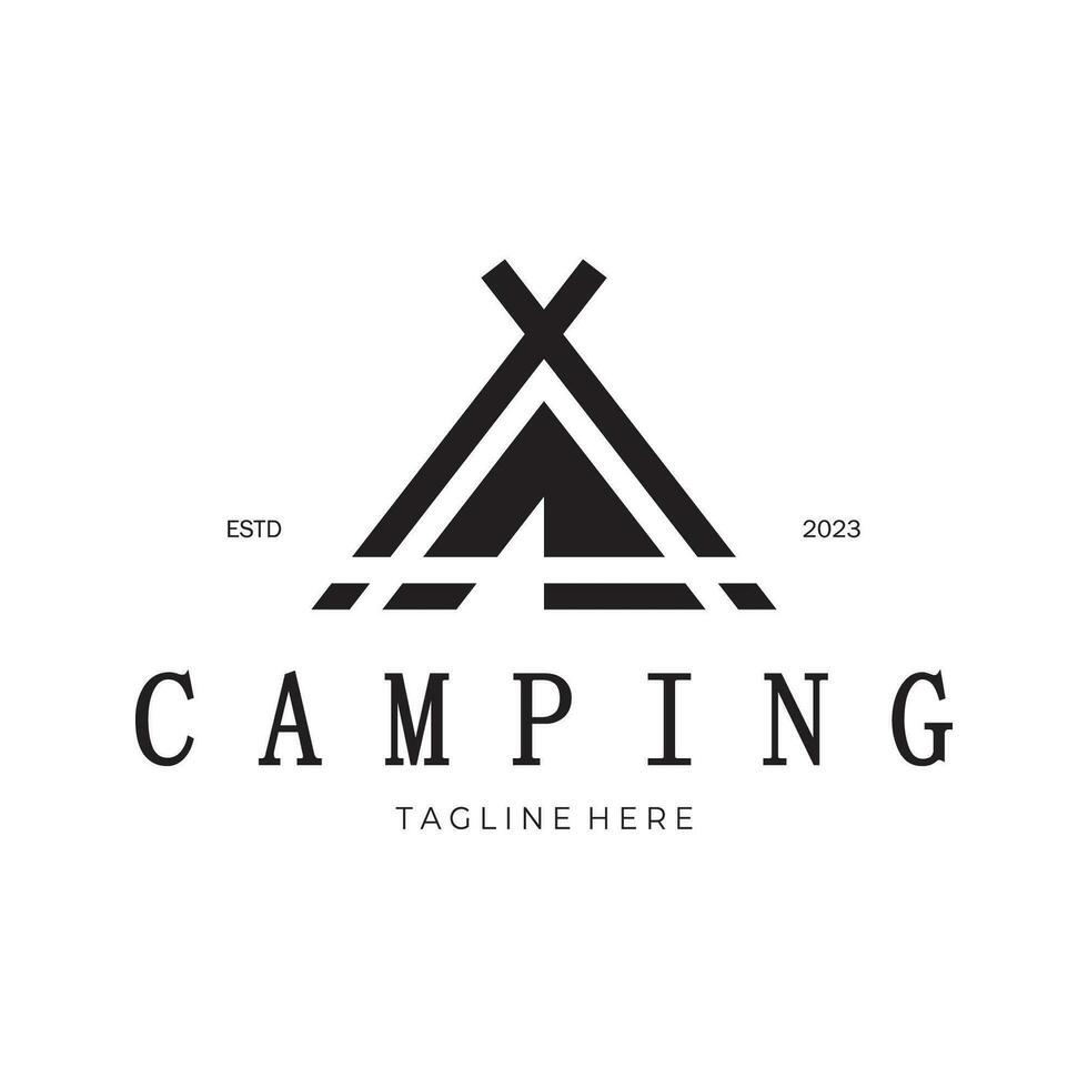 årgång och retro tält logotyp, camping. med tält, träd och bål tecken. äventyrare, scouter, klättrare, camping Utrustning Centrum vektor