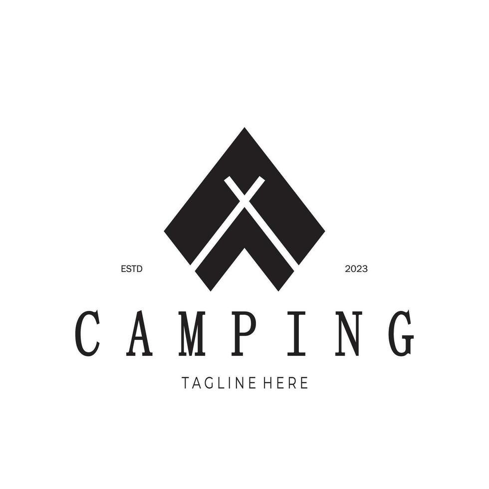 årgång och retro tält logotyp, camping. med tält, träd och bål tecken. äventyrare, scouter, klättrare, camping Utrustning Centrum vektor