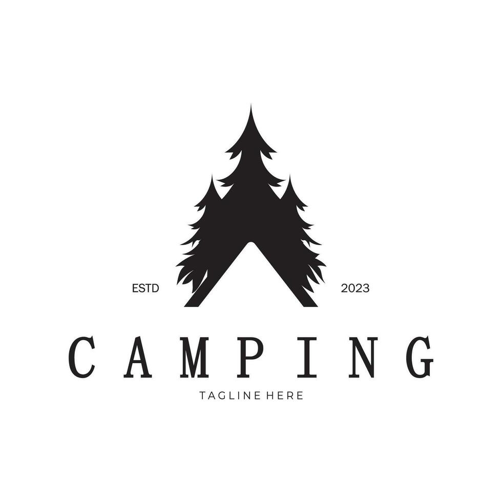 årgång och retro tält logotyp, camping. med tält, träd och bål tecken. äventyrare, scouter, klättrare, camping Utrustning Centrum vektor