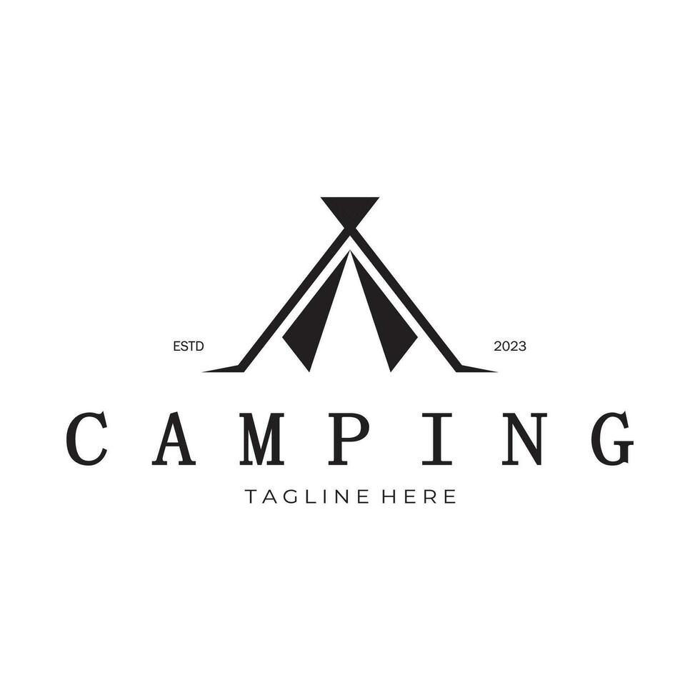 årgång och retro tält logotyp, camping. med tält, träd och bål tecken. äventyrare, scouter, klättrare, camping Utrustning Centrum vektor