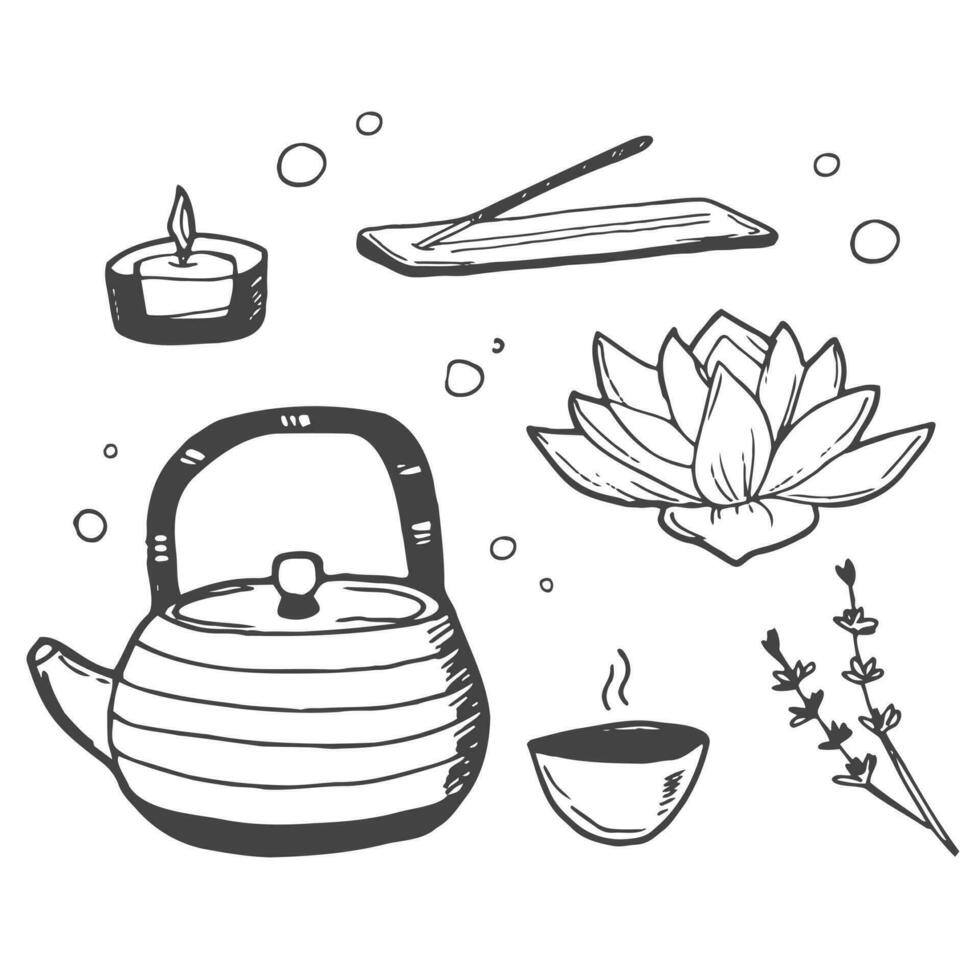 ikon uppsättning friskvård, spa, meditation, med lotus blomma, ljus, handdukar, buddha, bad salt, leafs och blommor. hand dragen klotter vektor illustration.