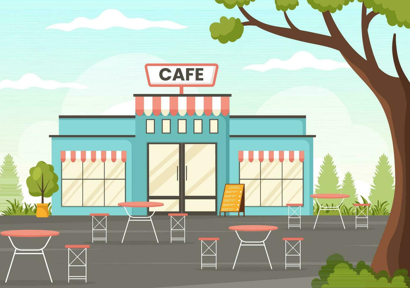 Kafé vektor illustration av interiör med bar stå, tabell och fåtöljer i platt tecknad serie hand dragen landning sida restaurang bakgrund mallar