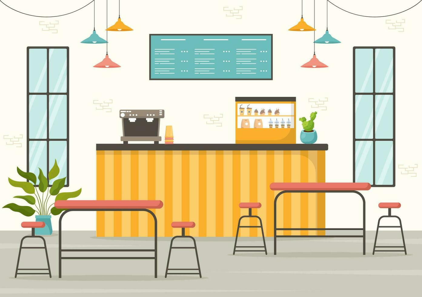 Kafé vektor illustration av interiör med bar stå, tabell och fåtöljer i platt tecknad serie hand dragen landning sida restaurang bakgrund mallar