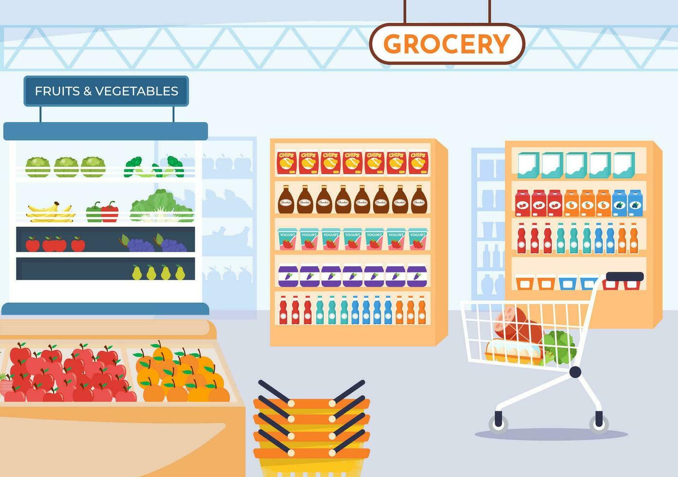 Essen Lebensmittelgeschäft Geschäft Einkaufen Vektor Illustration mit Lebensmittel Artikel und Produkte Sortiment auf das Supermarkt im eben Karikatur Hand gezeichnet Vorlagen