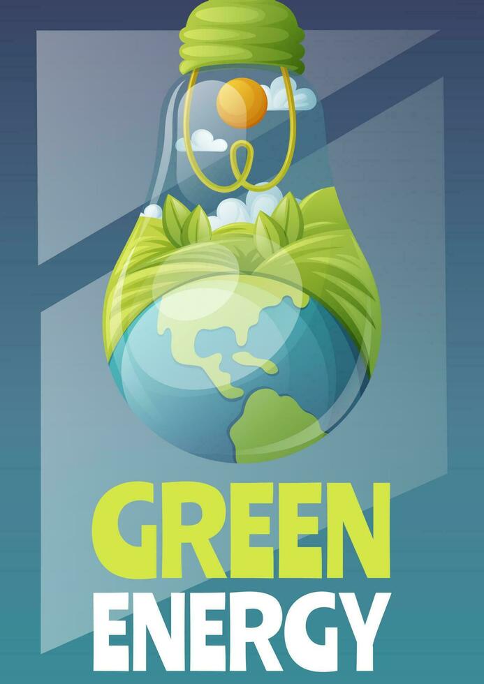 ljus Glödlampa med jord och landskap, text grön energi, affisch, vektor illustration, skyddande de miljö, spara de planet, ekologi begrepp. för baner, flygblad, konferens