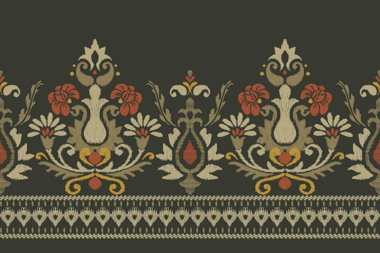 ikat blommig paisley broderi på mörk grön bakgrund.ikat etnisk orientalisk mönster traditionell.aztec stil abstrakt vektor illustration.design för textur, tyg, kläder, inslagning, dekoration, sarong.