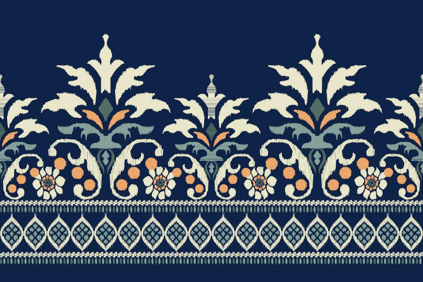 ikat blommig paisley broderi på Marin blå bakgrund.ikat etnisk orientalisk mönster traditionell.aztec stil abstrakt vektor illustration.design för textur, tyg, kläder, inslagning, dekoration, sarong.