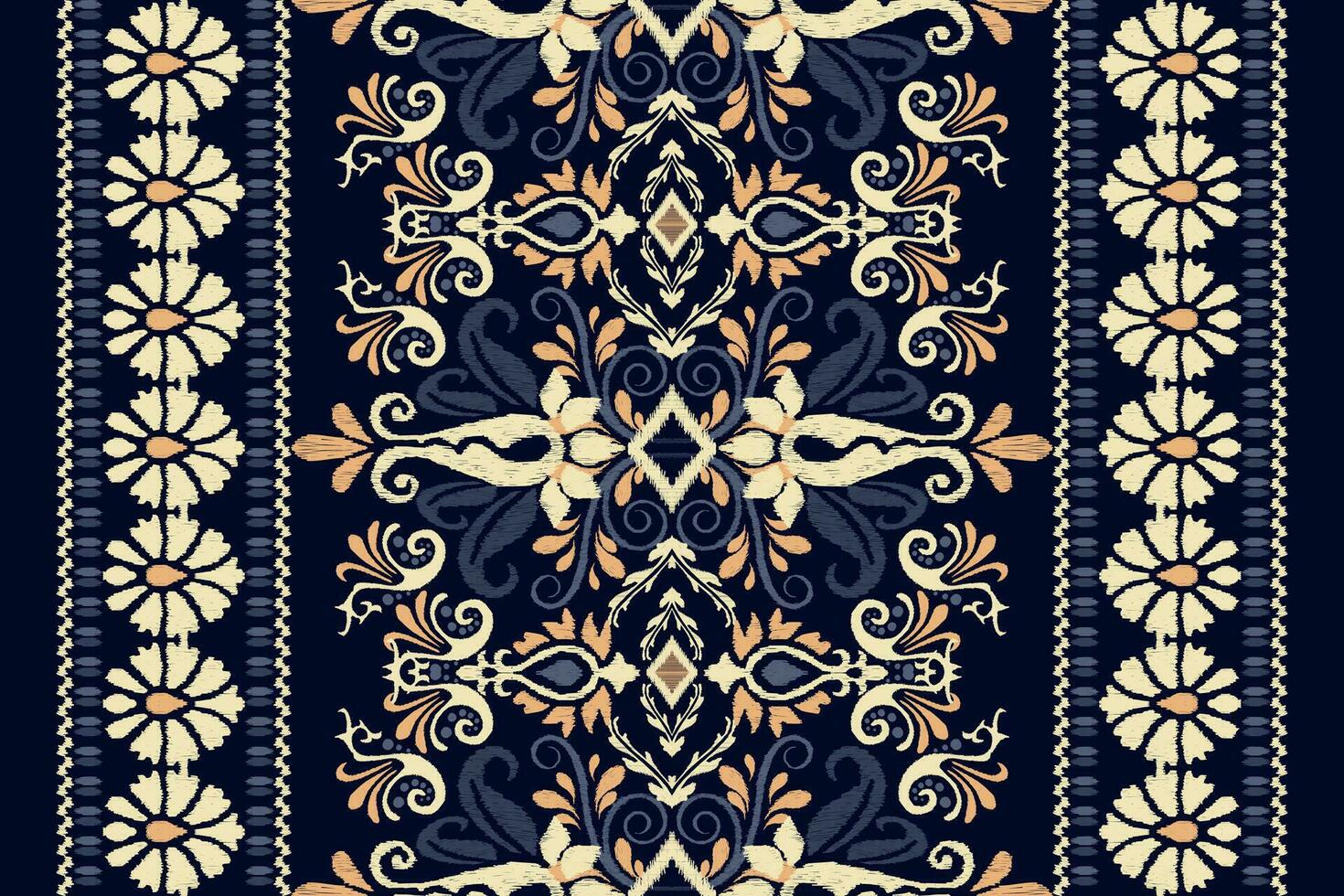 ikat blommig paisley broderi på Marin blå bakgrund.ikat etnisk orientalisk mönster traditionell.aztec stil abstrakt vektor illustration.design för textur, tyg, kläder, inslagning, dekoration, matta.
