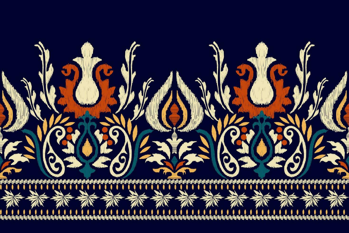 ikat blommig paisley broderi på mörk lila bakgrund.ikat etnisk orientalisk mönster traditionell.aztec stil abstrakt vektor illustration.design för textur, tyg, kläder, inslagning, dekoration, halsduk.