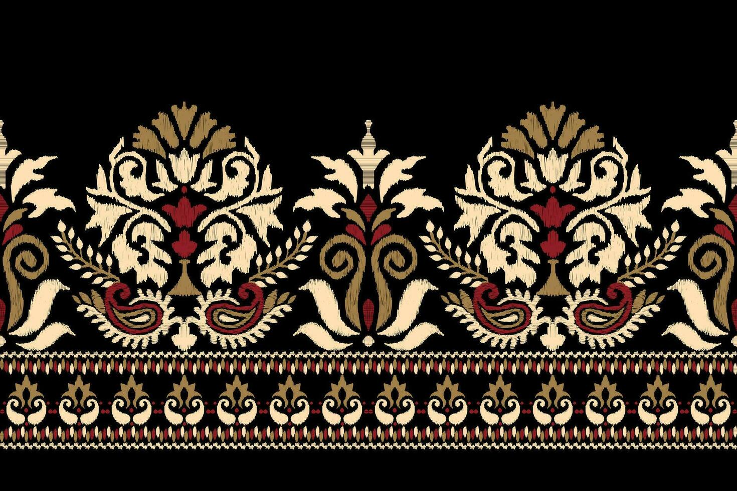 ikat blommig paisley broderi på svart bakgrund.ikat etnisk orientalisk mönster traditionell.aztec stil abstrakt vektor illustration.design för textur, tyg, kläder, inslagning, dekoration, sarong, halsduk