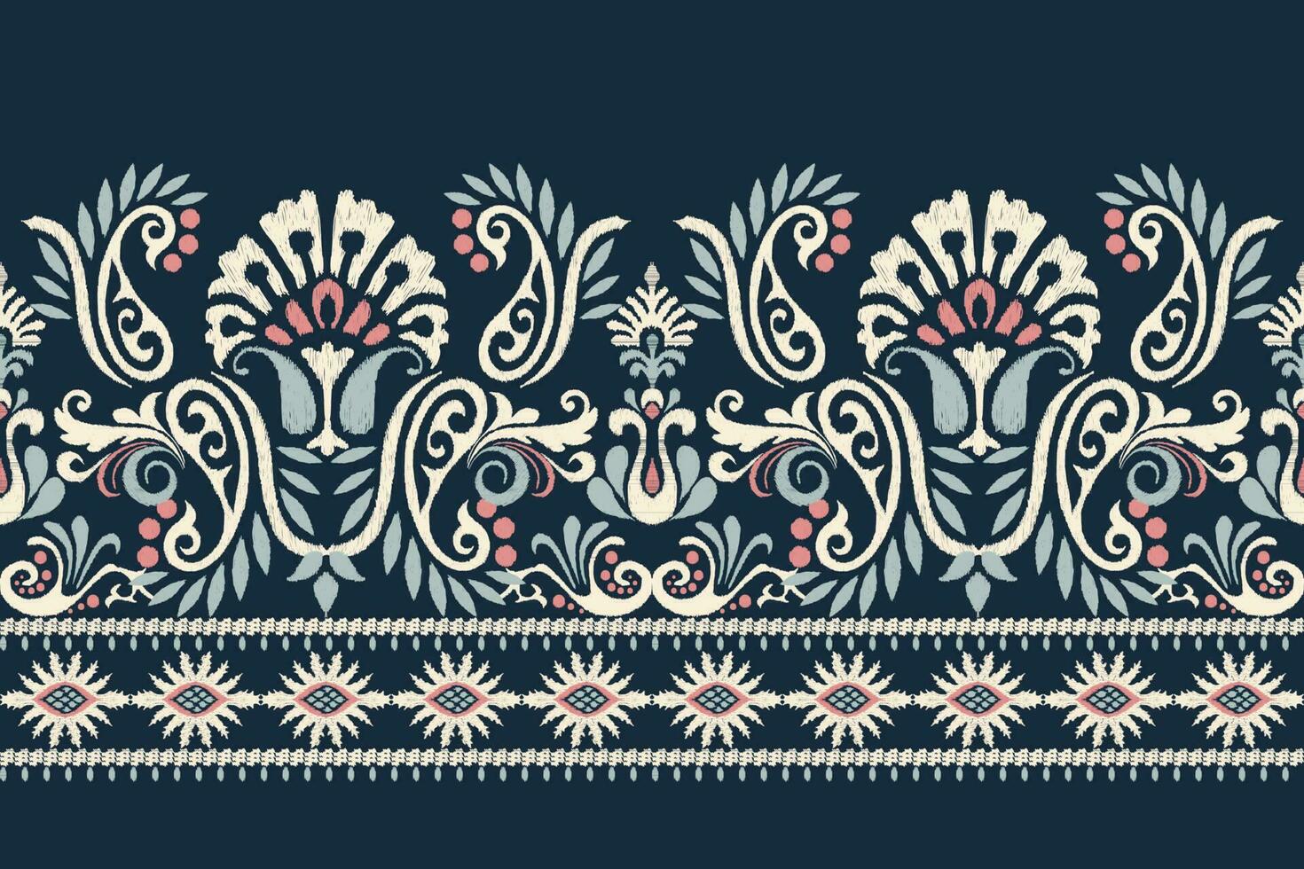 ikat blommig paisley broderi på Marin blå bakgrund.ikat etnisk orientalisk mönster traditionell.aztec stil abstrakt vektor illustration.design för textur, tyg, kläder, inslagning, dekoration, sarong.