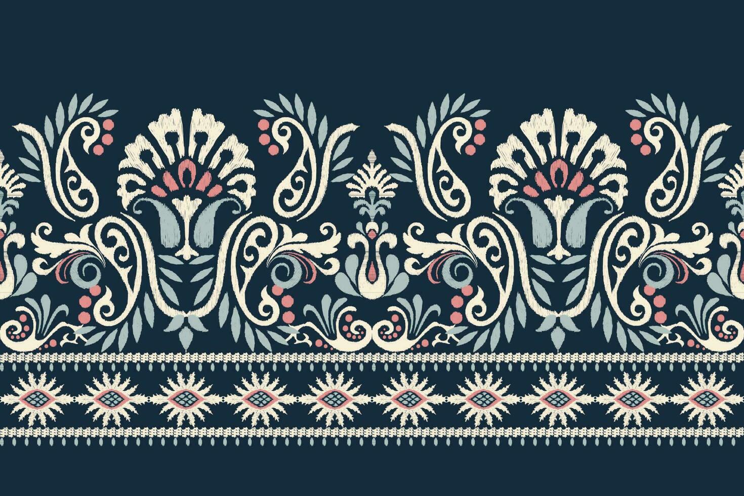 Ikat Blumen- Paisley Stickerei auf Marine Blau hintergrund.ikat ethnisch orientalisch Muster traditionell.aztekisch Stil abstrakt Vektor illustration.design zum Textur, Stoff, Kleidung, Verpackung, Dekoration, Sarong.