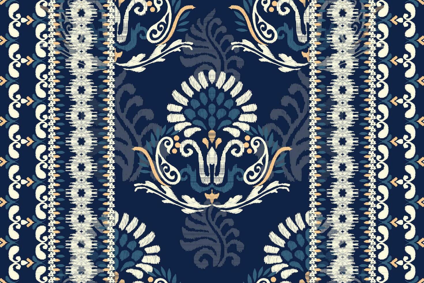 Ikat Blumen- Paisley Stickerei auf Marine Blau hintergrund.ikat ethnisch orientalisch Muster traditionell.aztekisch Stil abstrakt Vektor illustration.design zum textur, stoff, kleidung, verpackung, dekoration, teppich.