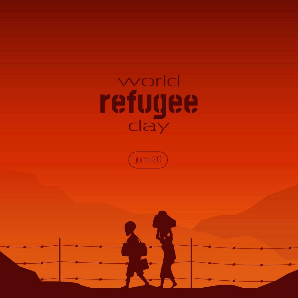 värld flykting dag mall med människor gående i öken- på solnedgång vektor