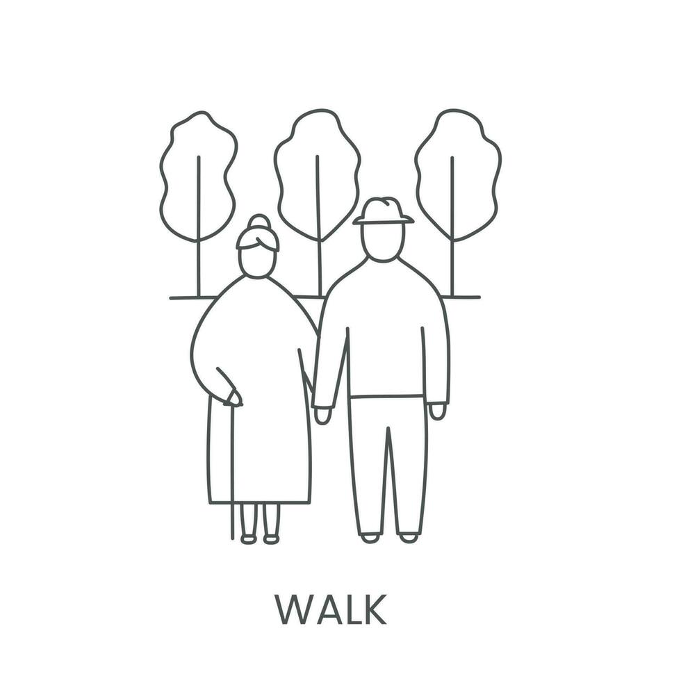 ein Alten Mann und Frau gehen im das Park, Vektor Linie Symbol.
