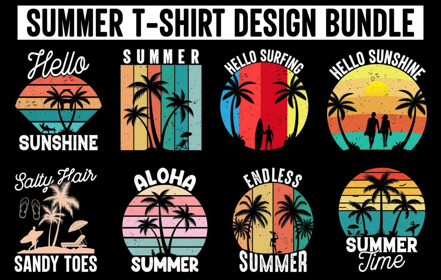 sommar årgång t skjorta design bunt, sommar tee design vektor uppsättning, sommar strand semester t shirts uppsättning, sommar surfing t skjorta samling