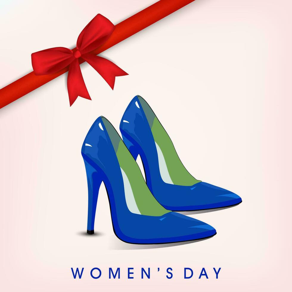 internationell kvinnors dag firande med glansig damer sko och kosmetisk Produkter på rosa bakgrund. vektor
