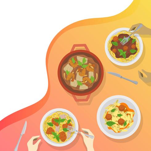 Plana Människor Äta På Restaurang Med Gradient Modern Bakgrund Vektor Illustration