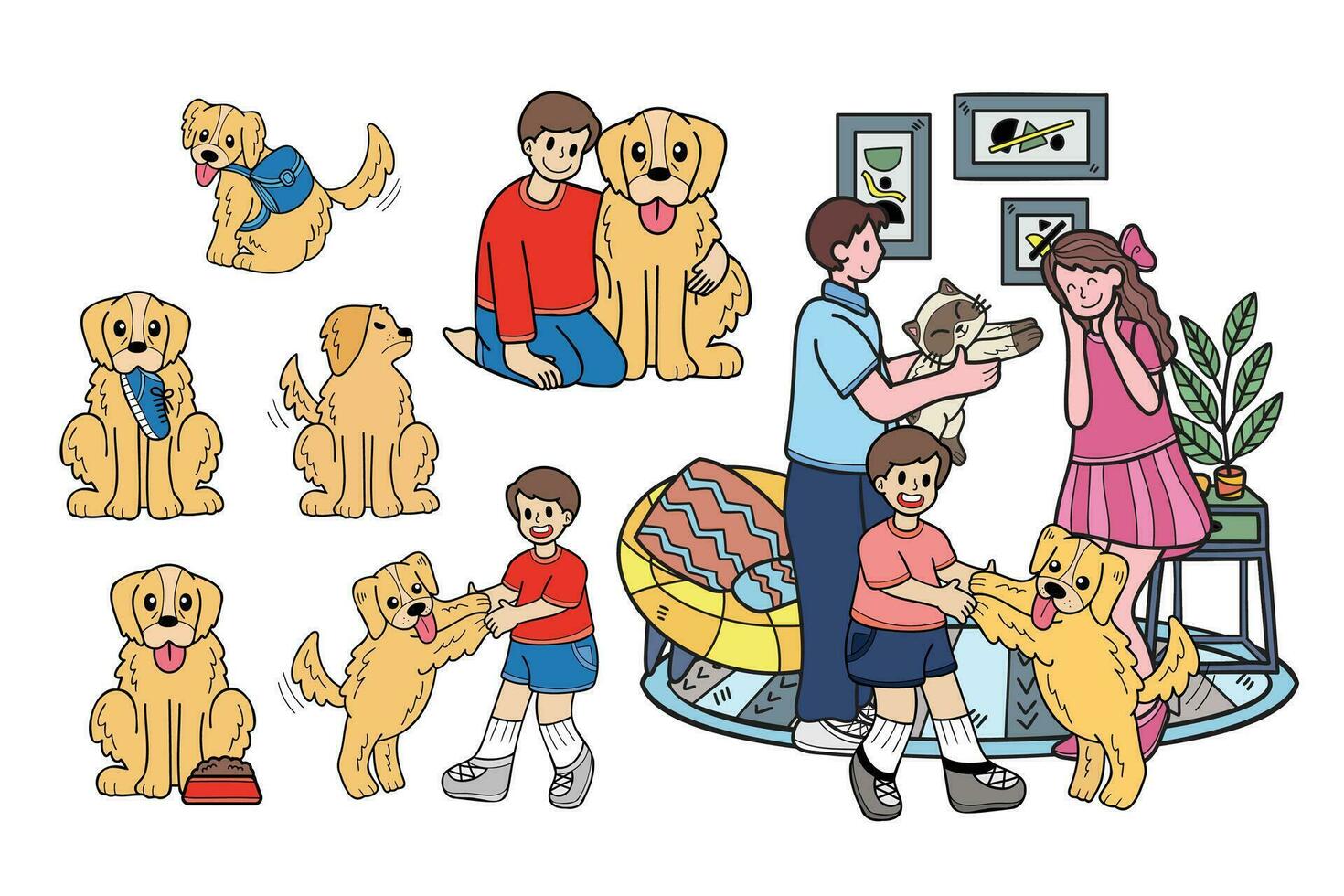hand dragen gyllene retriever hund och familj samling i platt stil illustration för företag idéer vektor