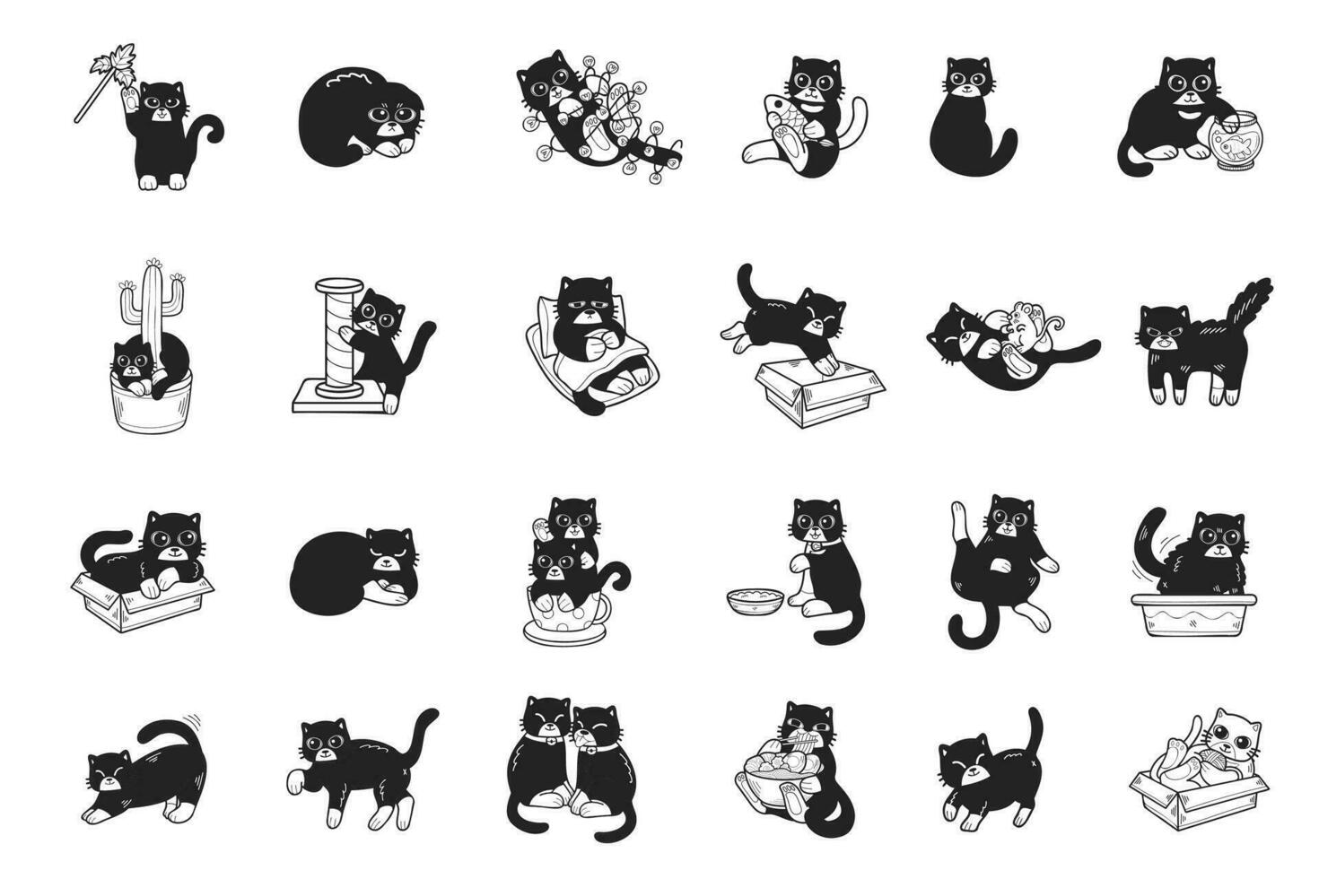 hand dragen katt i olika poser samling i platt stil illustration för företag idéer vektor